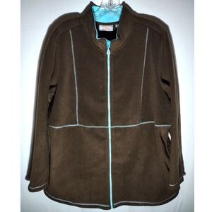 Quaker Factory Brown Fleece Zip Up Jacket Women's Size 1X Light Blue Trim